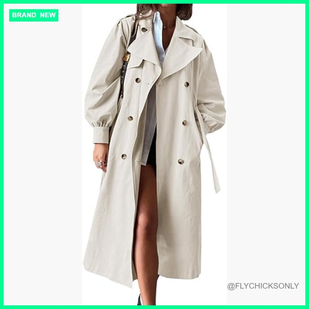 Long Trench Coat Oversized Double Breasted Lapel Polyester Blend Outerwear - Picture 1 of 7